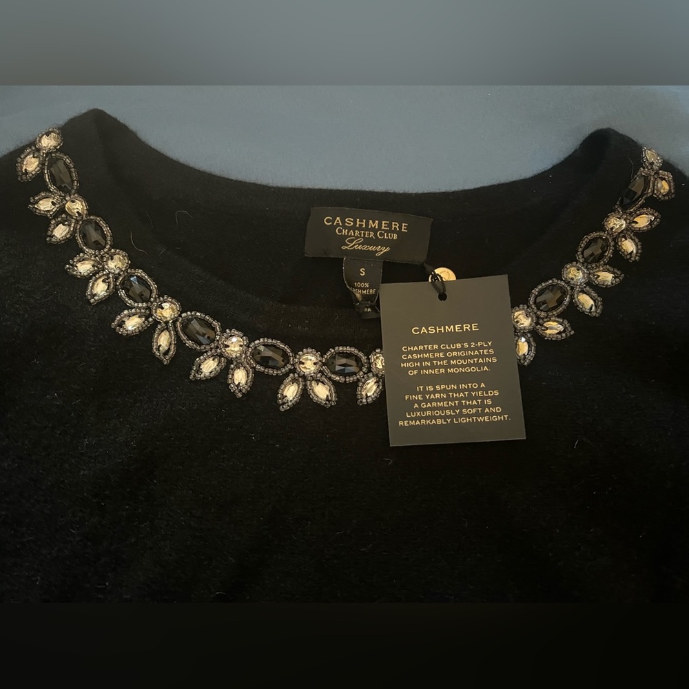 Charter Club Black Cashmere Scoop Neck Sweater Rhinestone Embellishments SM NWT
